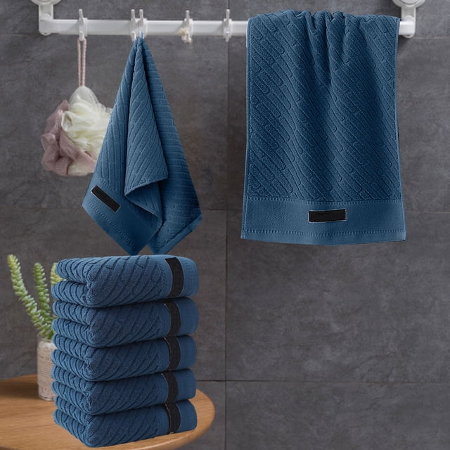 100% Cotton Solid Color Towel Set (Navy Blue), 5-Piece Thickened Soft Absorbent Towels, Home Bathroom Towel Collection, Ideal for Daily Bathing & Face Washing