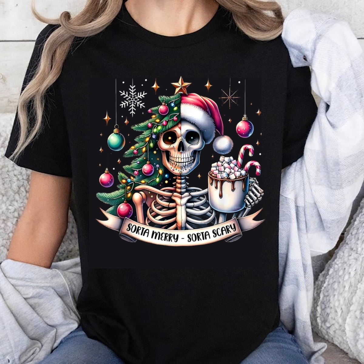 100% Cotton Sorta Merry Sorta Scary Halloween Christmas Skeleton Santa ...
