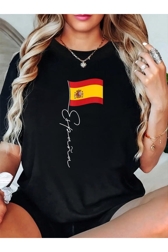 100% Cotton Spain Signature Flag Pole White - Patriotic Spanish Flag T-Shirt Women's Men's Graphic Tee Casual Tops