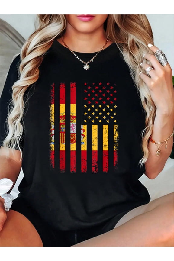 100% Cotton Spanish American Flag Spain America Pride Heritage Women Kids Men T-Shirt Women's Men's Graphic Tee Casual Tops