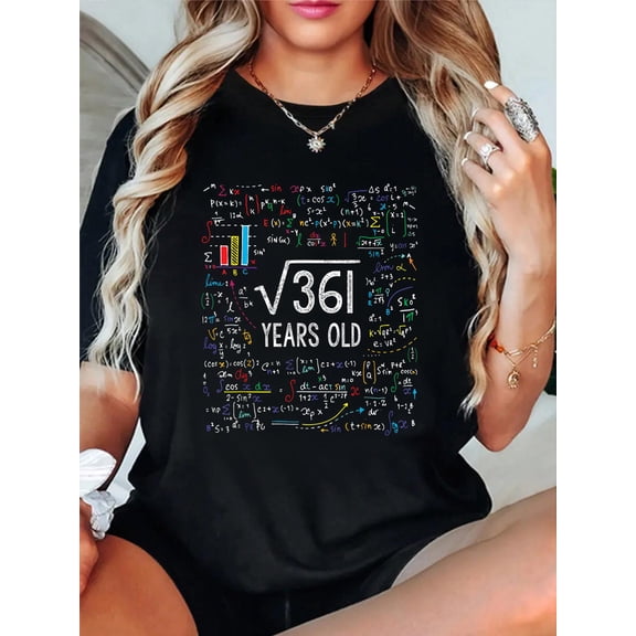 100% Cotton Square Root of 361 19th Birthday 19 Year Old Gifts Math Bday T-Shirt Women's Men's Graphic Tee Casual Tops