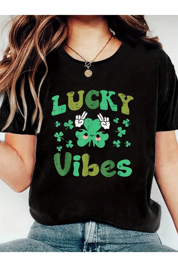 100% Cotton St Patricks Day Lucky Vibes Retro Saint Pattys Print Women's Gift T-Shirt, Round Crew Neck Soft Short Sleeve T-Shirt For Spring Summer, Fun Graphic Tops T-Shirts For Women