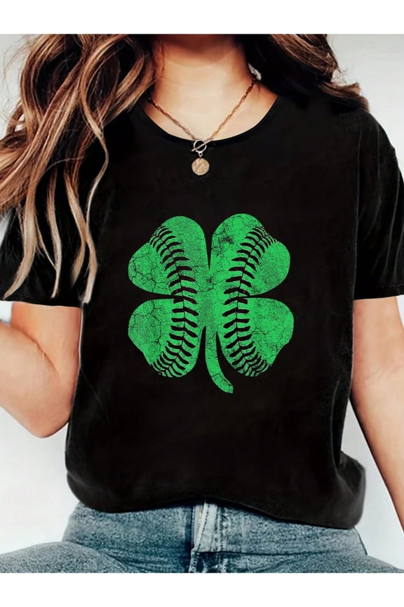 100% Cotton St Patricks Day Shamrock Baseball Saint Paddy's Print Women's Gift T-Shirt, Round Crew Neck Soft Short Sleeve T-Shirt For Spring Summer, Fun Graphic Tops T-Shirts For Women