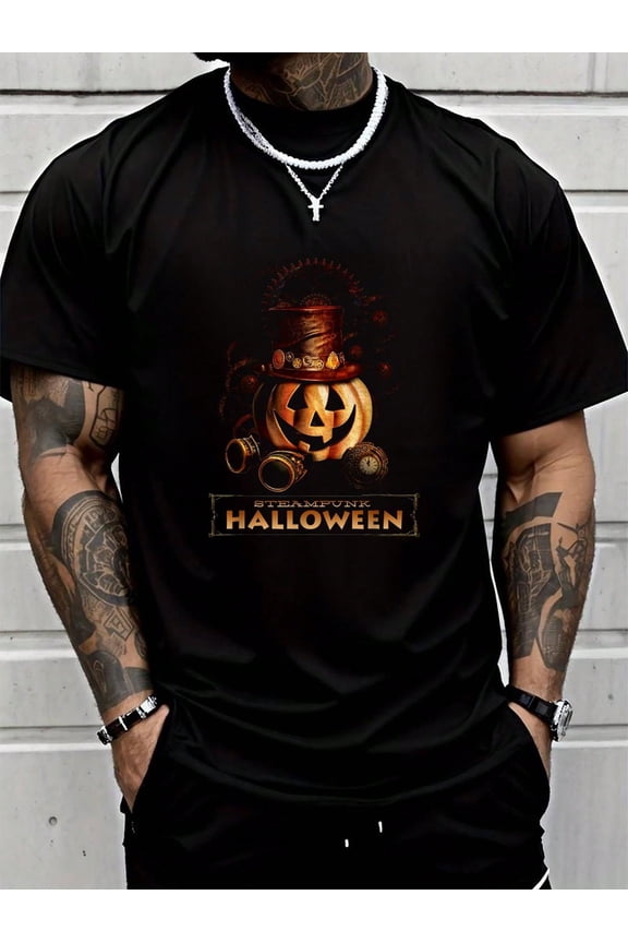 100% Cotton Steampunk Halloween Costumes Jack O Lantern Pumpkin Face T-Shirt Summer Men's Short-Sleeved Shirt