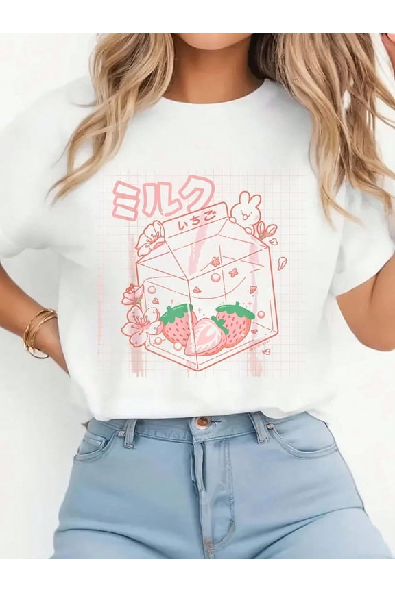 100% Cotton Strawberry Milk Bunny Japanese Kawaii Anime Aesthetic Pink T-Shirt Print T-Shirt Casual Crew Neck Short Sleeve Comfort Tee Top For Spring & Summer Women's Clothing
