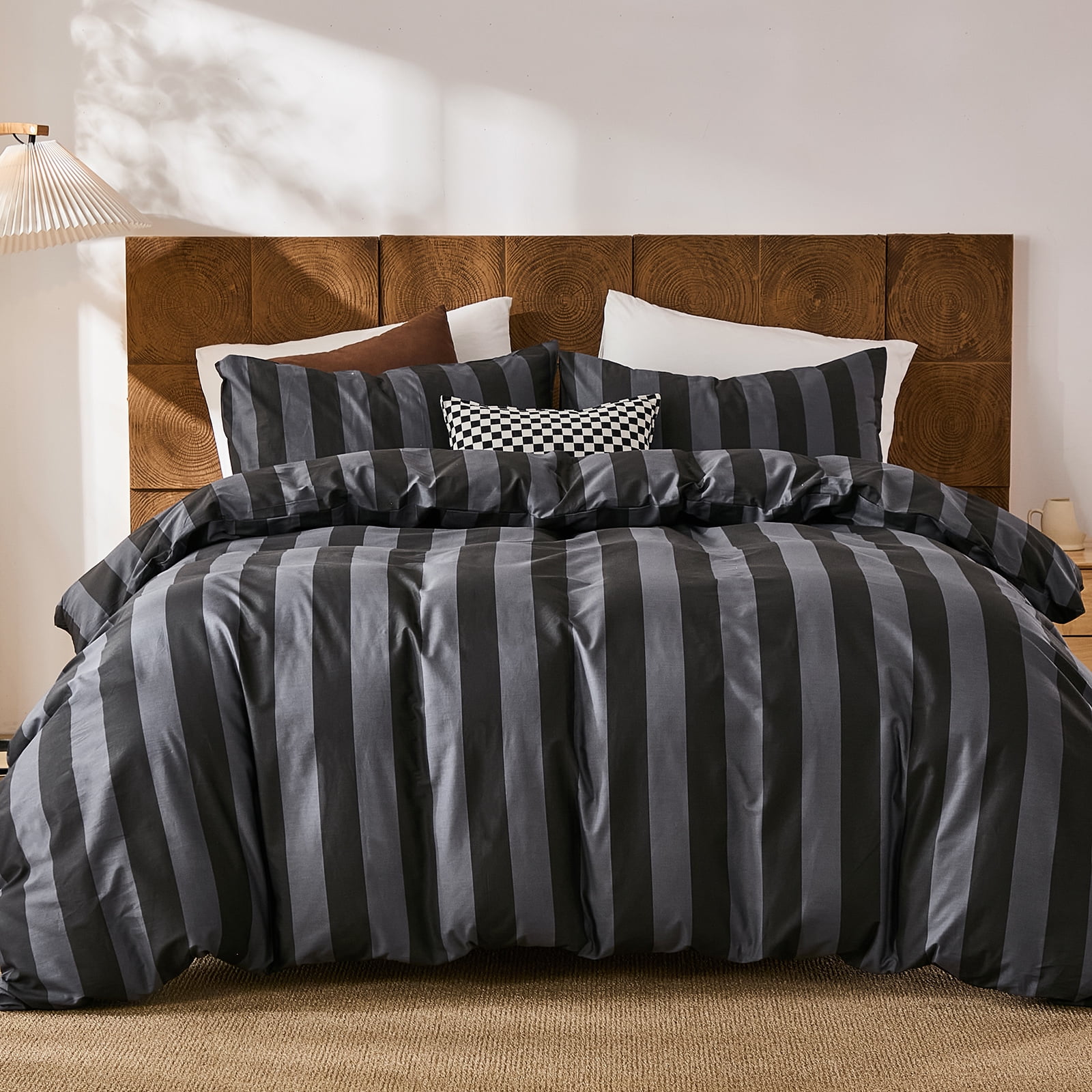 100% Cotton Stripe Duvet Cover Set Queen Size - Gray Striped Duvet Cover Set with Zipper Closure & 8 Corner Ties, Modern Minimalist Wide Stripe Bedding Set for Cozy Elegant Bedroom