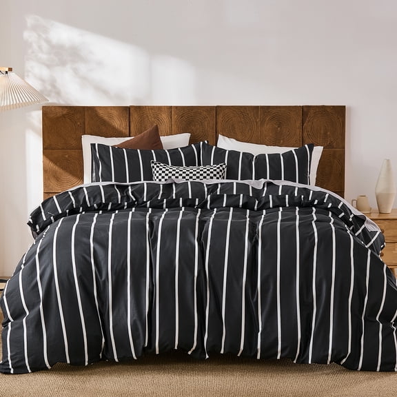 100% Cotton Stripe Duvet Cover Set Queen Size - Gray Striped Duvet Cover Set with Zipper Closure & 8 Corner Ties, Modern Minimalist Wide Stripe Bedding Set for Cozy Elegant Bedroom