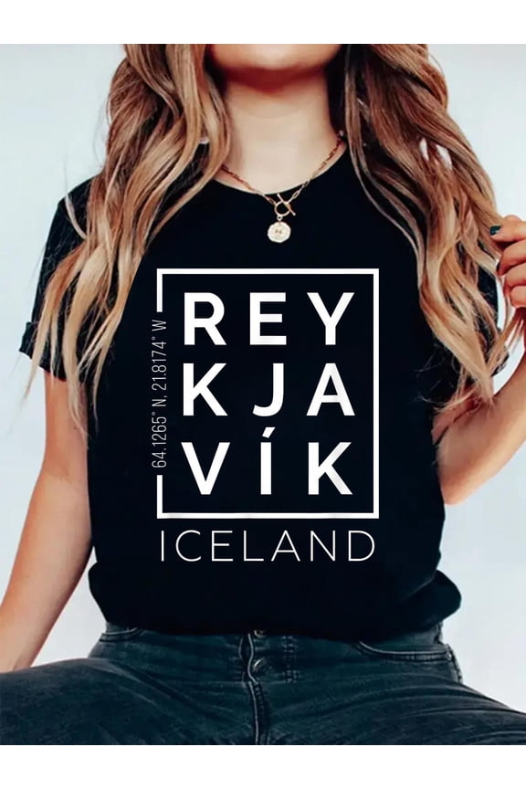 100% Cotton Stylish Reykjavik Iceland City Coordinates Souvenir T-Shirt Women's Men's Graphic Tee Casual Tops