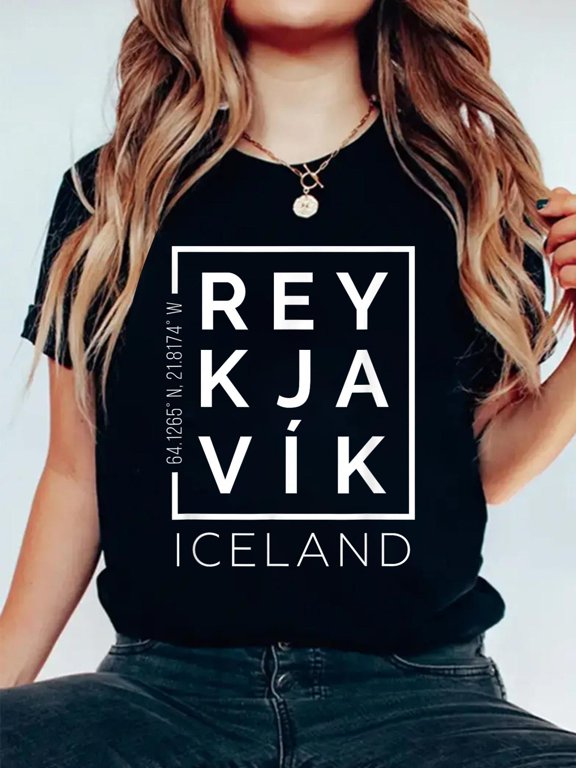 Cotton Stylish Reykjavik Iceland City Coordinates Souvenir T-Shirt Women's Graphic Tee Casual Tops