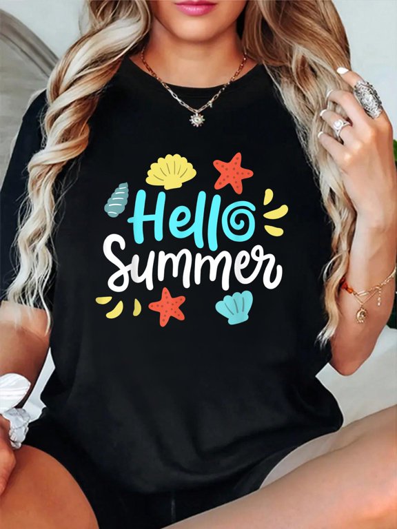 Cotton Summer Beach Vacation Hello Summer T-Shirt for Women Women's Graphic Tee Casual Tops