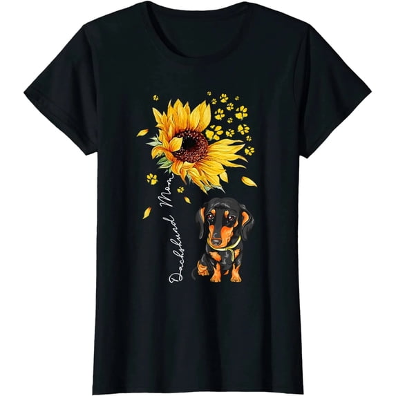 100% Cotton Sunflower Dachshund Mom T-Shirt Dog Lover Graphic Tee Pet Parent Shirt Wiener Dog Gift for Women Men Unisex Short Sleeve Casual Top