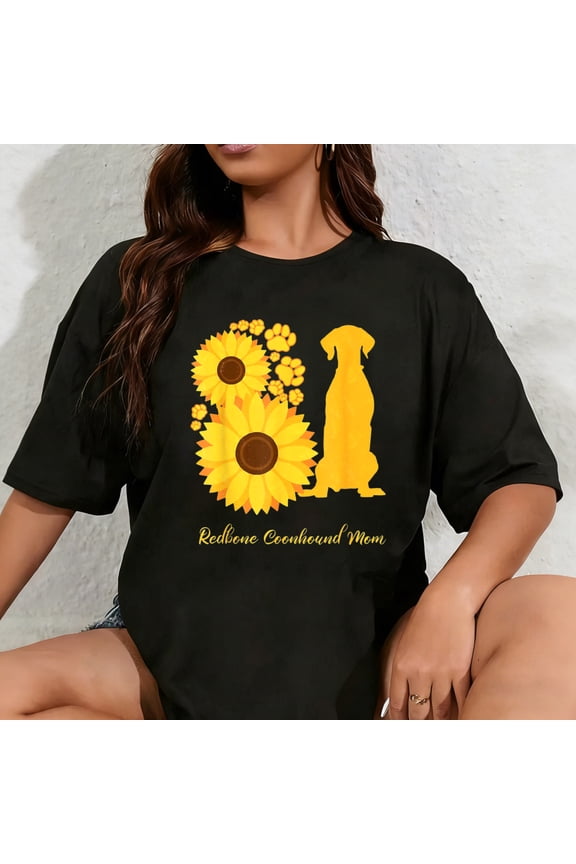 100% Cotton Sunflower Dog Mom - Reds Redbone Coonhound Men Women T-Shirt