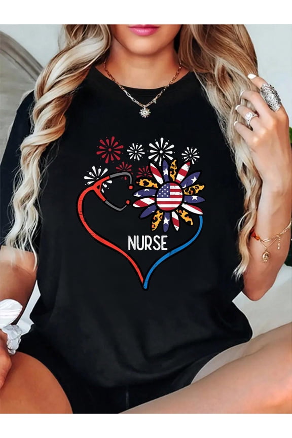100% Cotton Sunflower Stethoscope Nurse Fourth 4th Of July RN Women T-Shirt Women's Graphic Tee Casual Tops