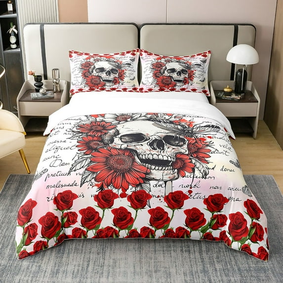 100% Cotton Sunflowers Skull Duvet Cover Queen Size Romantic Red Rose Vintage Flowers Bedding Set Teens Adults Wild Butterfly Gothic Style Comforter Cover,2 Pillowcases,No Comforter