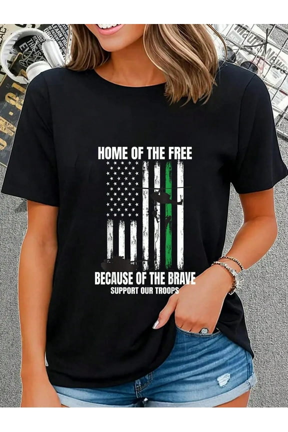 100% Cotton Support Military American Flag Thin Green Line Veterans Gift T-Shirt