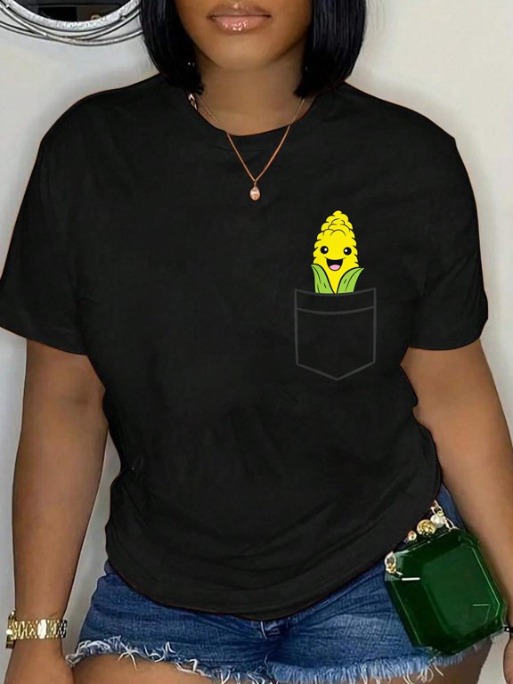 100% Cotton Sweet Corn in The Pocket Vegetable Cute Corn T-Shirt Women's Graphic Tee Casual Tops
