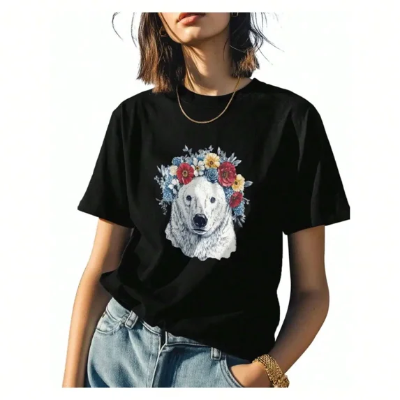 100% Cotton T-Shirt Polar Bear Flower Wreath Women's T-Shirt Graphic Tees