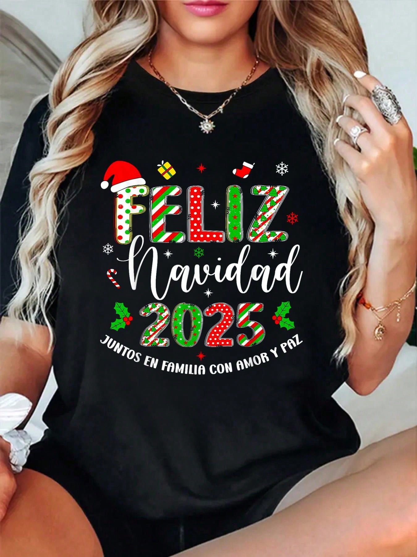 100% Cotton T Shirts Feliz Navidad 2025 Matching Family Spanish Christmas Mexican T-Shirt Breathable & Comfort Fit Tee Women,Short Sleeve Crew Neck Top For All Seasons,Graphic Tees Women Tops