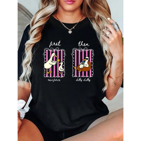 100% Cotton T Shirts First Then Aba Applied Behavior Analyst ABA RBT Silly Goose T-Shirt Breathable & Comfort Fit Tee Women,Short Sleeve Crew Neck Top For All Seasons,Graphic Tees Women Tops