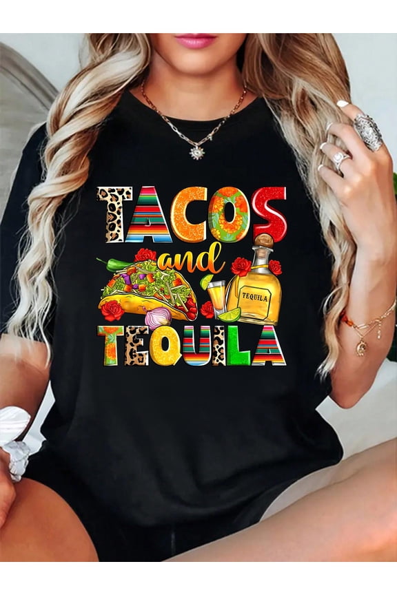100% Cotton Tacos And Tequila Funny Drinking Taco Mexican Food Lover T-Shirt Women's Men's Graphic Tee Casual Tops