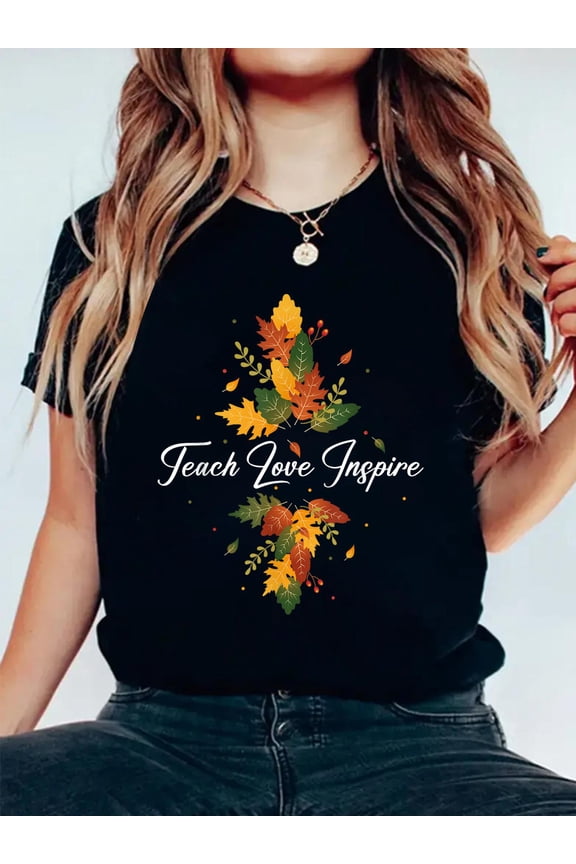 100% Cotton Teach Love Inspire Teacher Shirt Autumn Fall Pumpkin Leopard Men Women T-Shirt.jp Women's Men's Graphic Tee Casual Tops