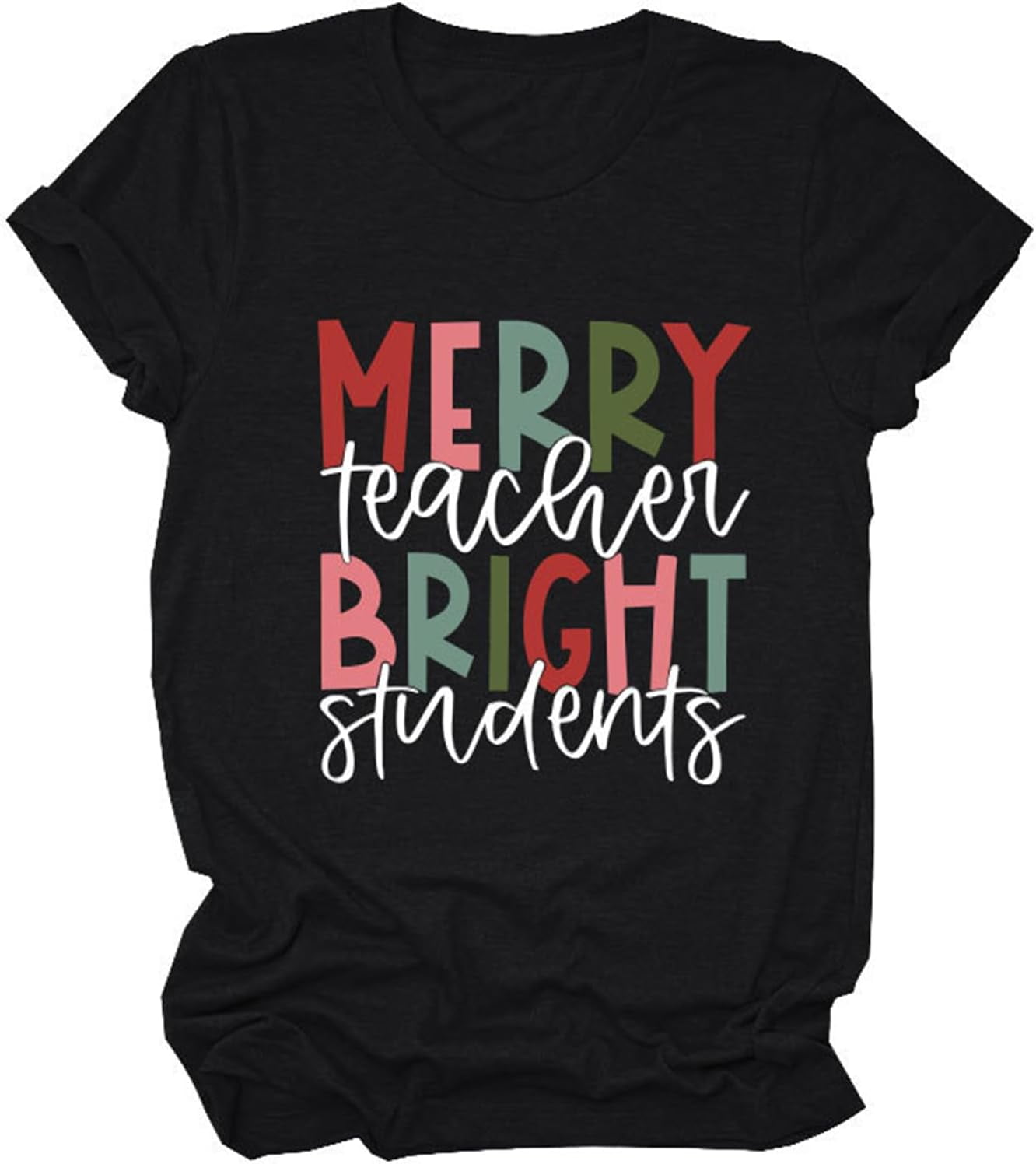 100 Cotton Teacher Christmas Shirt for Women Merry Teacher Bright