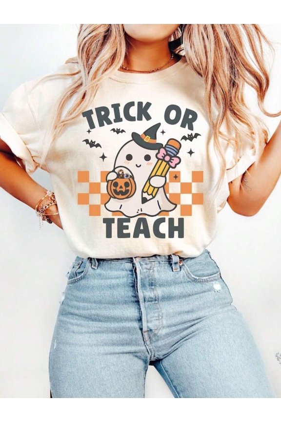 100% Cotton Teacher Halloween Shirt, Halloween Teacher Shirt, Trick Or Teach Shirt, Spooky Teacher T-Shirt, Retro Ghost Teacher Shirt