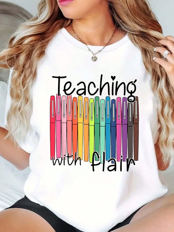 100% Cotton Teaching With Flair Preschool Teacher First Day Of School T-Shirt Print Round Neck Short Sleeve T-Shirt For Women Casual, Summer, Women Top Graphic Tees Women Tops