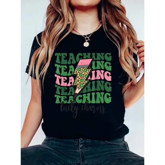 100% Cotton Teaching Lucky Charms Leopard Pencil ST Patricks Day Teacher T-Shirt Print Round Neck Cotton T-Shirt, Summer Women's Tops, gift