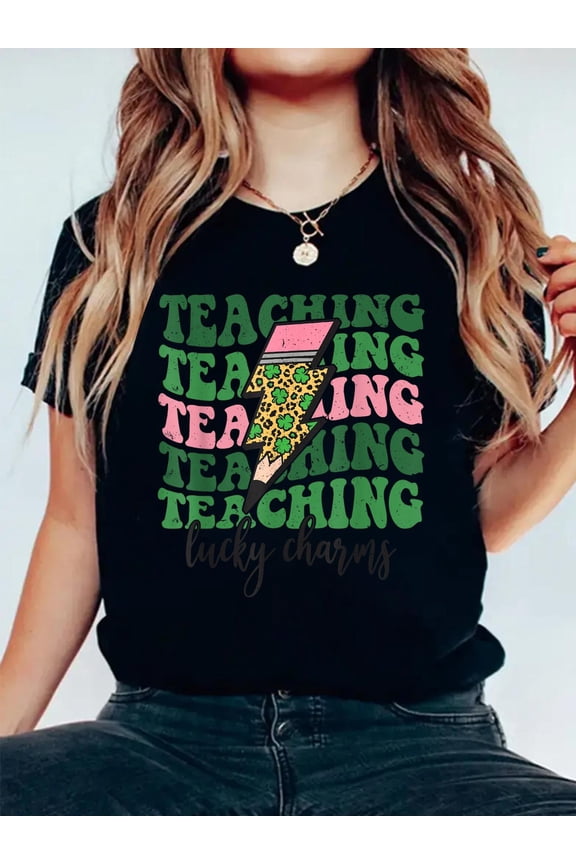 100% Cotton Teaching Lucky Charms Leopard Pencil ST Patricks Day Teacher T-Shirt Print Round Neck Cotton T-Shirt, Summer Women's Tops, gift
