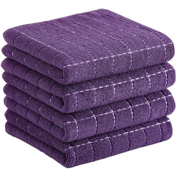 100% Cotton Terry Kitchen Towels(Purple, 13 x 28 inches), Checkered Designed, Soft and Super Absorbent Dish Towels, 4 Pack