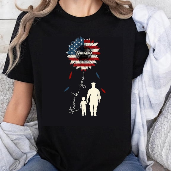 100% Cotton Thank You Veterans American Flag Sunflower Design Military Family Patriotic T-Shirt for Men Women and Kids