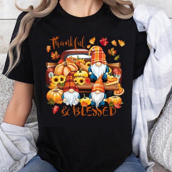 100% Cotton Thankful and Blessed Fall Gnomes Pumpkin Truck Harvest Autumn Leaves Women's T-Shirt