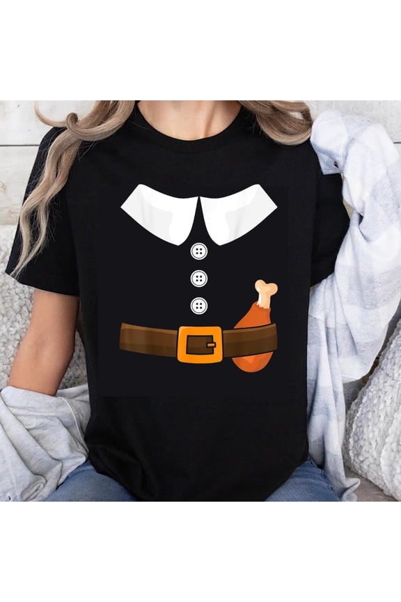 100% Cotton Thanksgiving Turkey Costume T-Shirt Funny Pilgrim Outfit Print Women's Casual Top Holiday Party Shirt