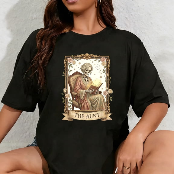100% Cotton The Aunt Tarot Card Women Skeleton Aunty Book Lover T-Shirt