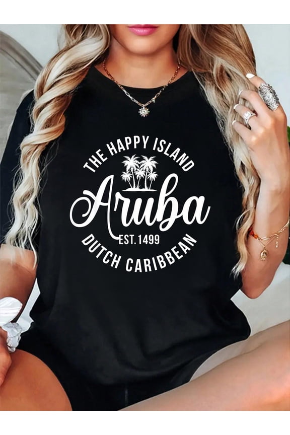 100% Cotton The Happy Island Aruba Dutch Caribbean Beach Vacation T-Shirt Women's Graphic Tee Casual Tops