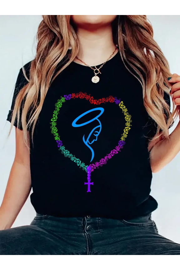 100% Cotton The Holy Rosary Virgin Mary Funny Catholics Christian Gift T-Shirt Women's Graphic Tee Casual Tops