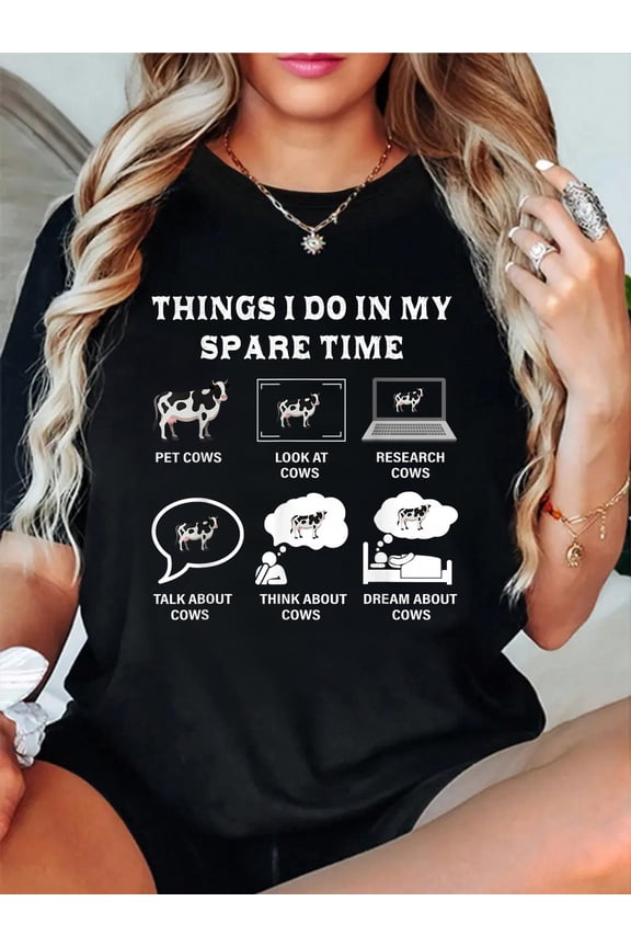 100% Cotton Things I Do In My Spare Time Cow Lover Farmer Cows Gifts T-Shirt Women's Men's Graphic Tee Casual Tops