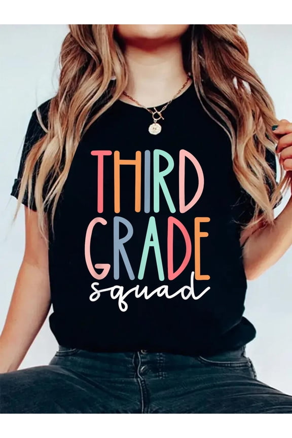 100% Cotton Third Grade Squad 3rd Grade Teacher Crew Back to School Team T-Shirt Women's Graphic Tee Casual Tops