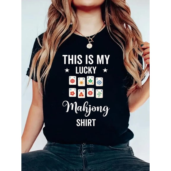 100% Cotton This is My Lucky Mahjong Shirt T-Shirt Women's Graphic Tee Casual Tops