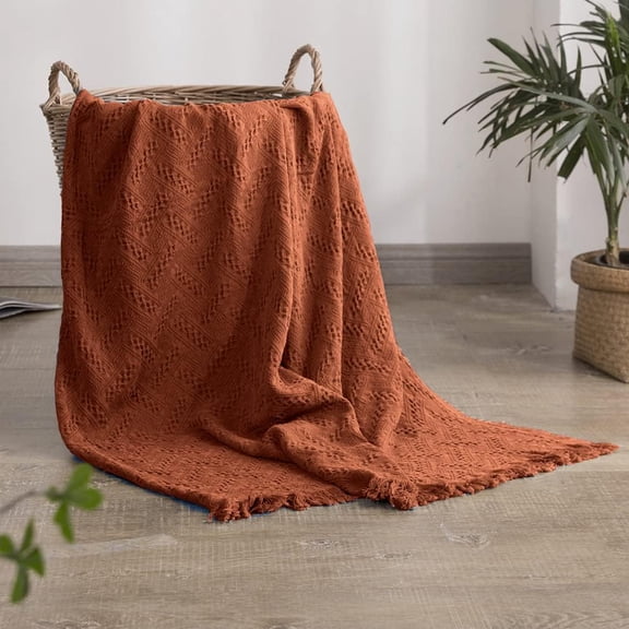 100% Cotton Throw Blanket for Bed, Couch, Boho Luxury Geometric Woven with Tassels Soft Lightweight Cozy Breathable, Vintage Farmhouse Decoration All-Season(Rust Orange)