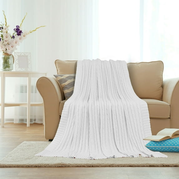 100% Cotton Throw Blanket Textured Solid Cable Knit Throw Couch Cover Decorative Knitted Blankets ,Biege,50" x 60" Bedding for Home