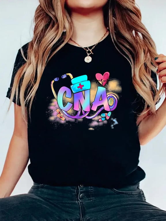 100% Cotton Tie Dye CNA Cute Nurse Day CNA RN Nurse Week Gifts Nursing T-Shirt Women's Graphic Tee Casual Tops