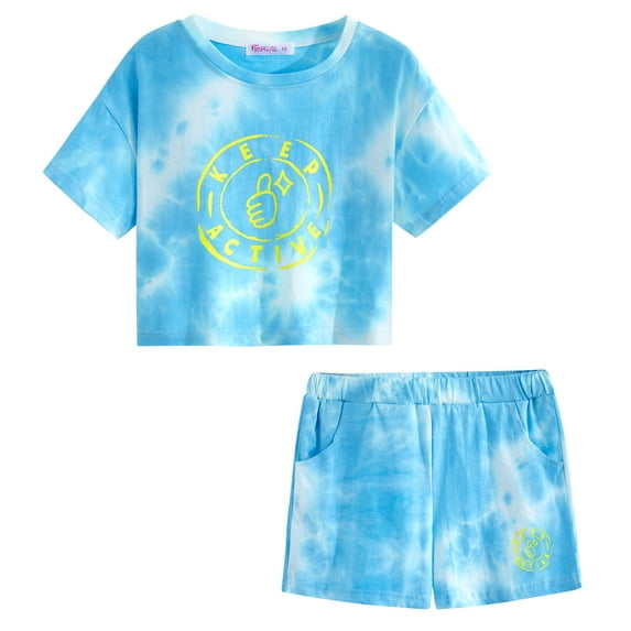 Topgal 100% Cotton Tie Dye Crop Top & Shorts Clothes Set Outfit for Big Girls Size 7/8