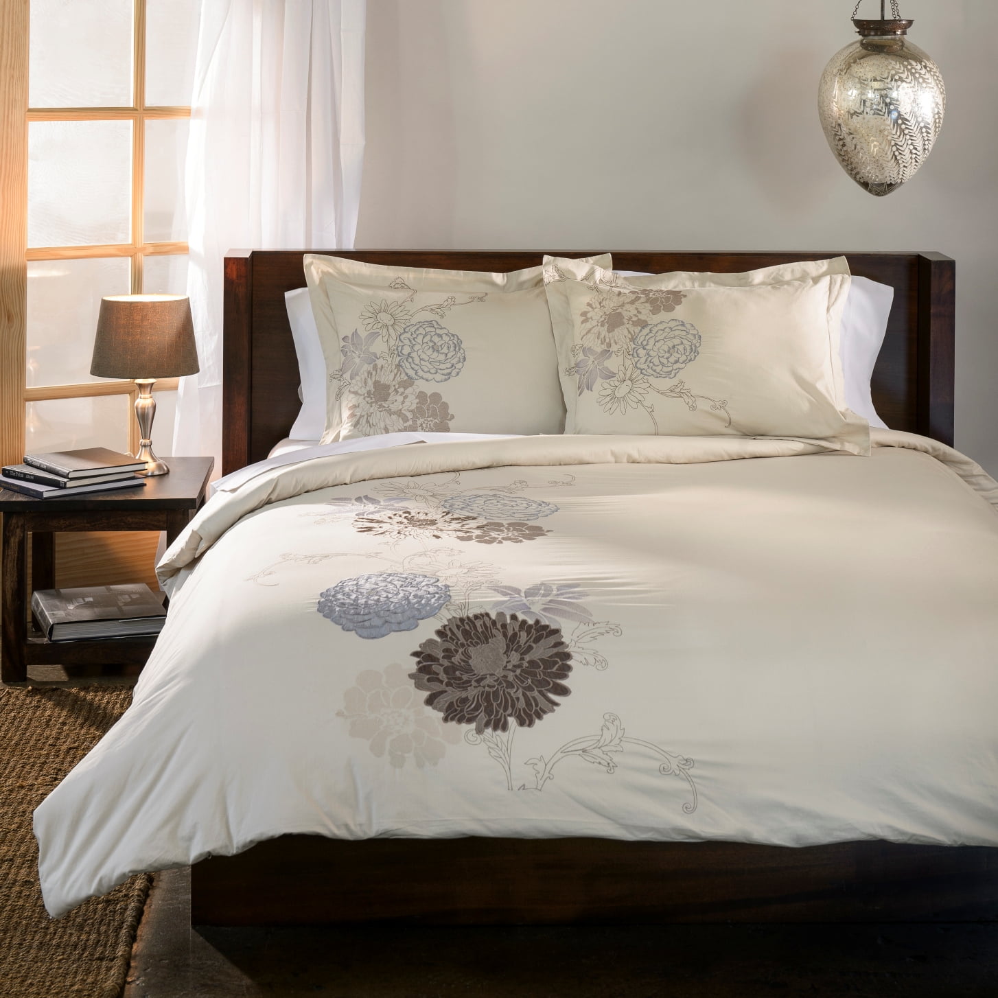 California King Beige Cotton Floral Embroidered Duvet Cover Set