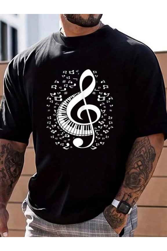 100% Cotton Treble Clef Keyboard Classical Music Notes Pianist Piano T-Shirt Street Hip-Hop Style Men's T-Shirt