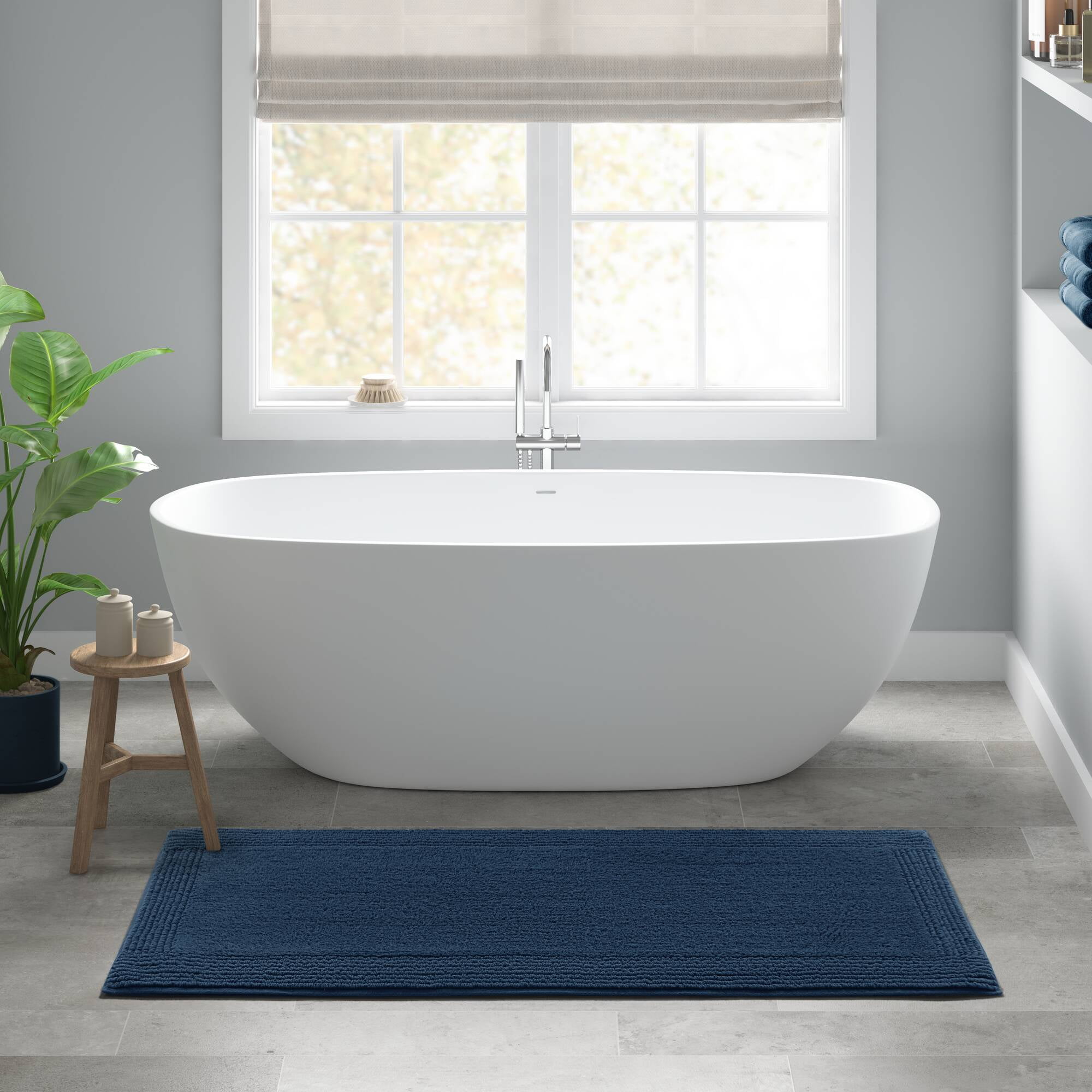 100% Cotton Tufted 3000 GSM Reversible Bath Rug 24x44" Navy Ultra Plush Dense Machine Washable Bathroom Rug