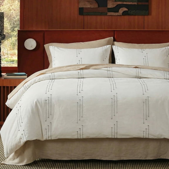 100% Cotton Tufted Duvet Cover , Natural Cream White Comforter Cover with Zipper Closure & Corner Ties, 3-Piece Soft Breathable Minimalist Line Bedding Set