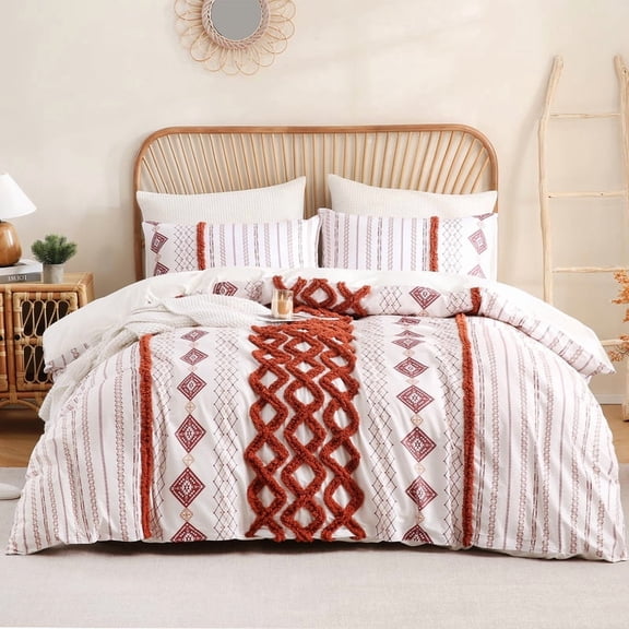 100% Cotton Tufted Duvet Cover Set King Burnt Orange Textured Bedding Set 3 Pieces Modern Neutral Style Chenille Tufting Comforter Cover Set with Matching Pillowcases