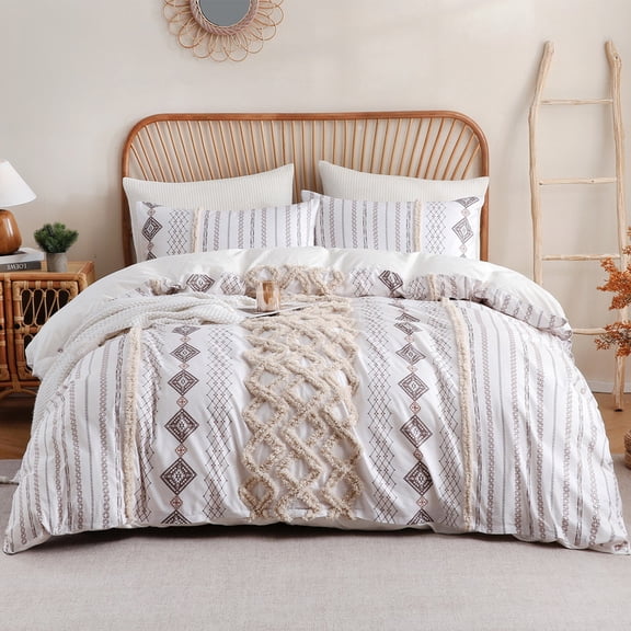 100% Cotton Tufted Duvet Cover Set Queen 3 Pieces Beige Boho Chic Farmhouse Bedding Set with Zipper Closure and Ties Mid Century Modern Comforter Cover All Seasons